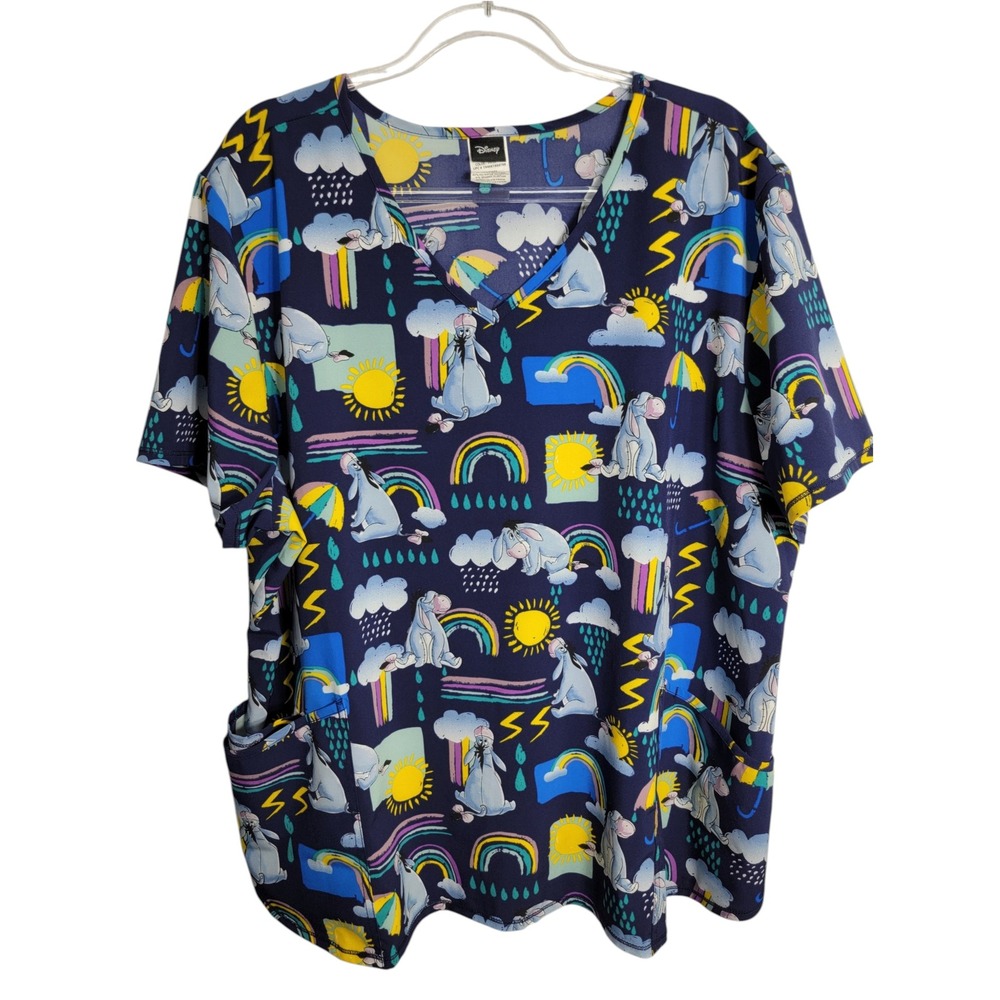 Disney Womens 3XL Scrub Top Blue Eeyore Rainbow Winnie the Pooh WM15T745LA